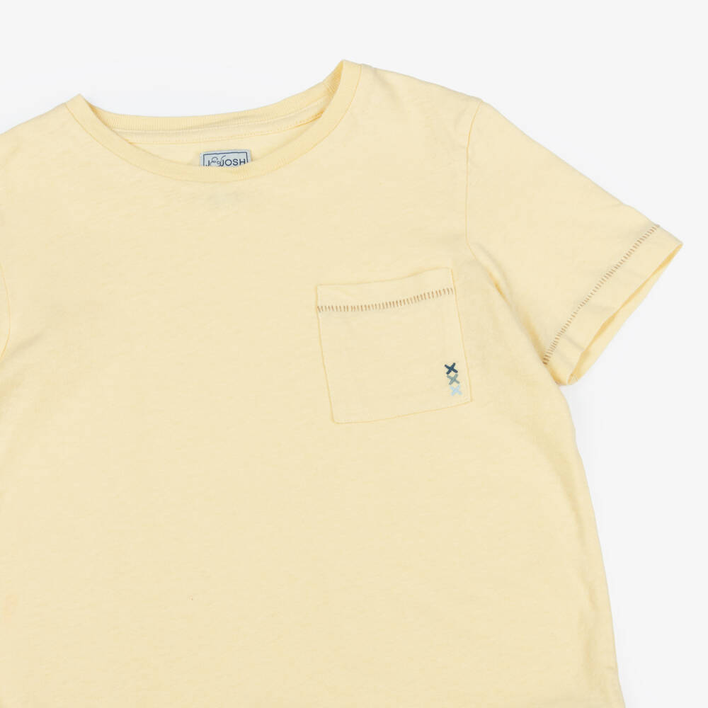 J&Josh-Boys Yellow Cotton & Linen T-Shirt with Overstitching | Childrensalon