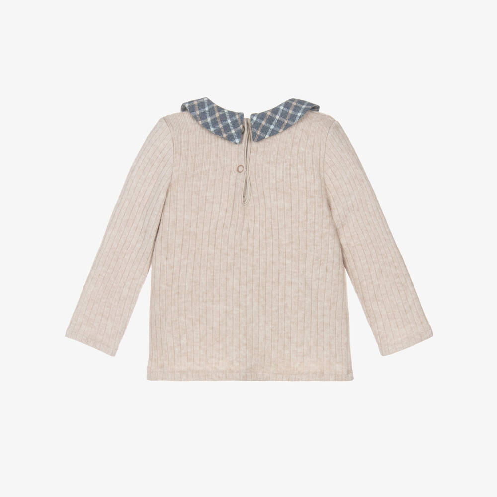 Jamiks-Baby Boys Beige Ribbed Knit Top with Check Collar | Childrensalon