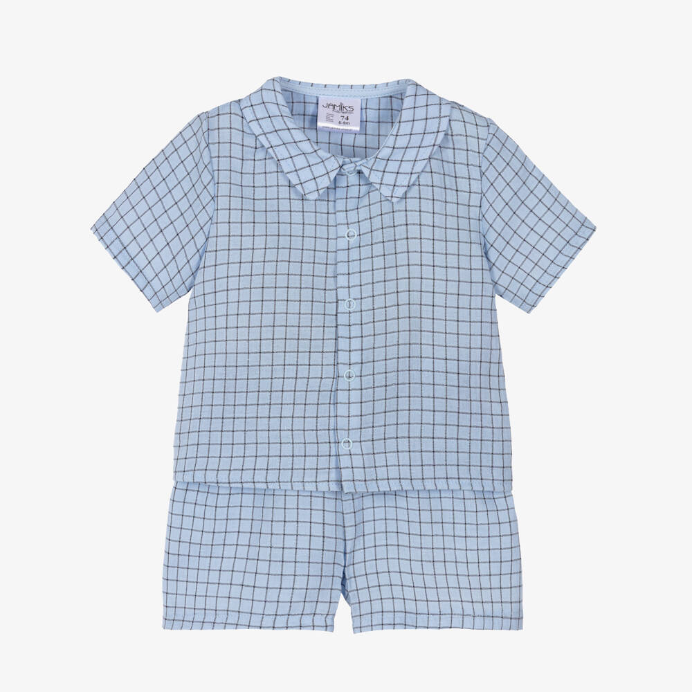 Jamiks-Baby Boys Blue Checked Cotton Shorts Set | Childrensalon