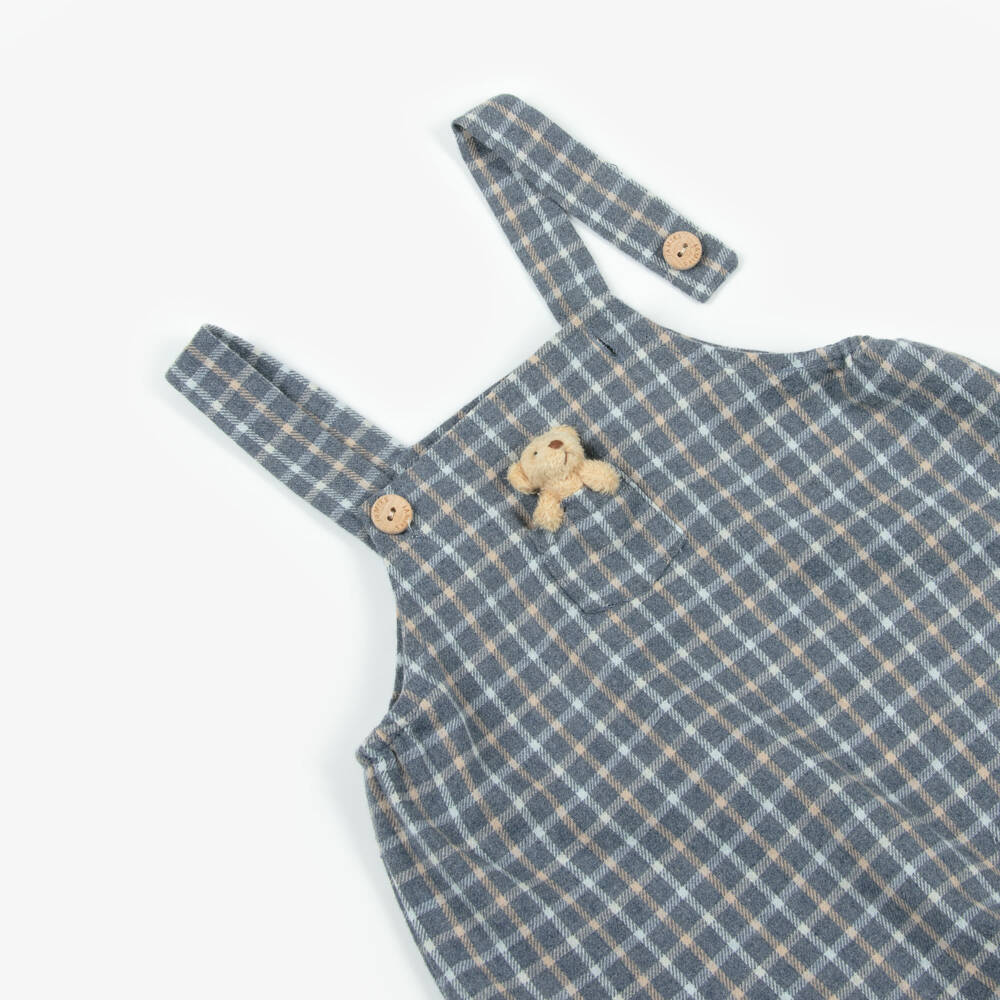 Jamiks-Baby Boys Grey Check Cotton Teddy Bear Dungarees | Childrensalon