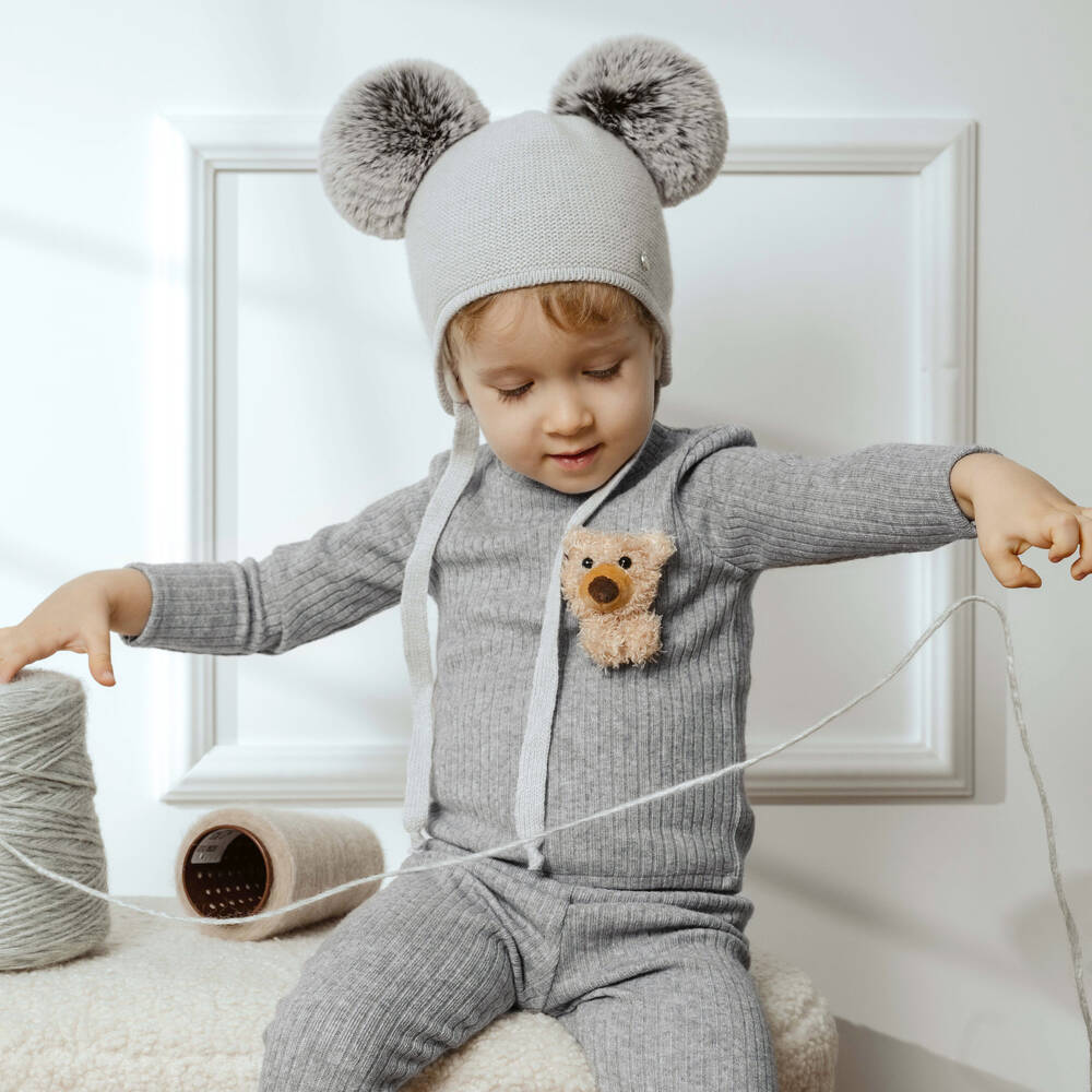 Jamiks-Baby Boys Grey Ribbed Knit Teddy Bear Trouser Set | Childrensalon