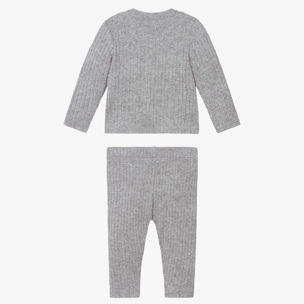 Jamiks-Baby Boys Grey Ribbed Knit Teddy Bear Trouser Set | Childrensalon