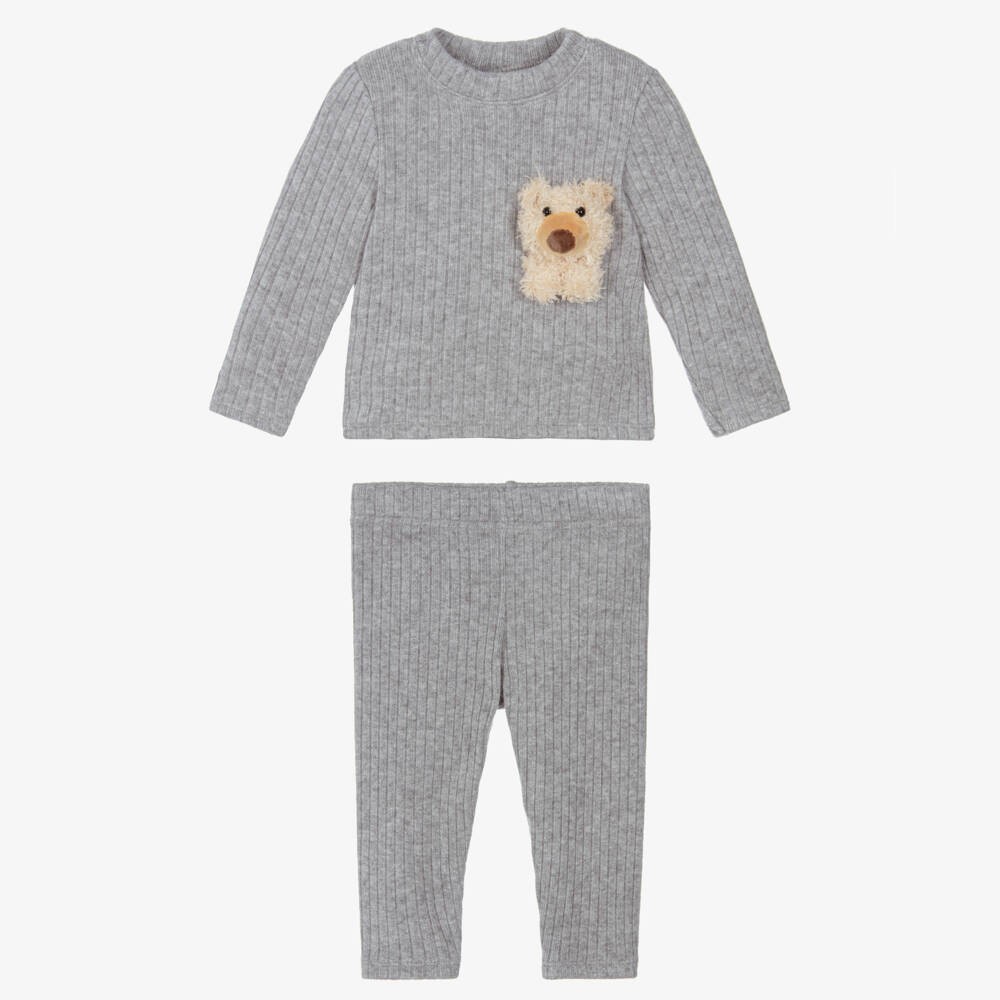 Jamiks-Baby Boys Grey Ribbed Knit Teddy Bear Trouser Set | Childrensalon
