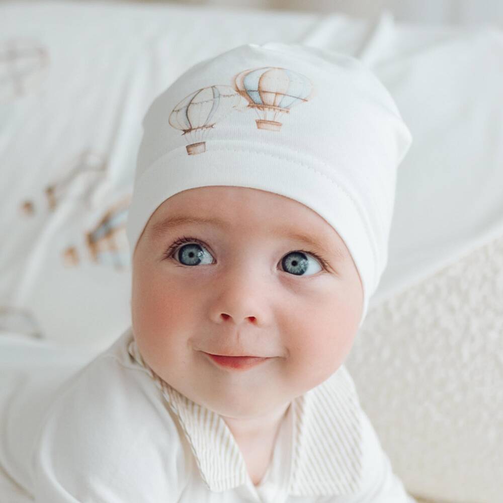 Jamiks-Baby Boys Ivory Balloon Print Cotton Jersey Layette Hat | Childrensalon