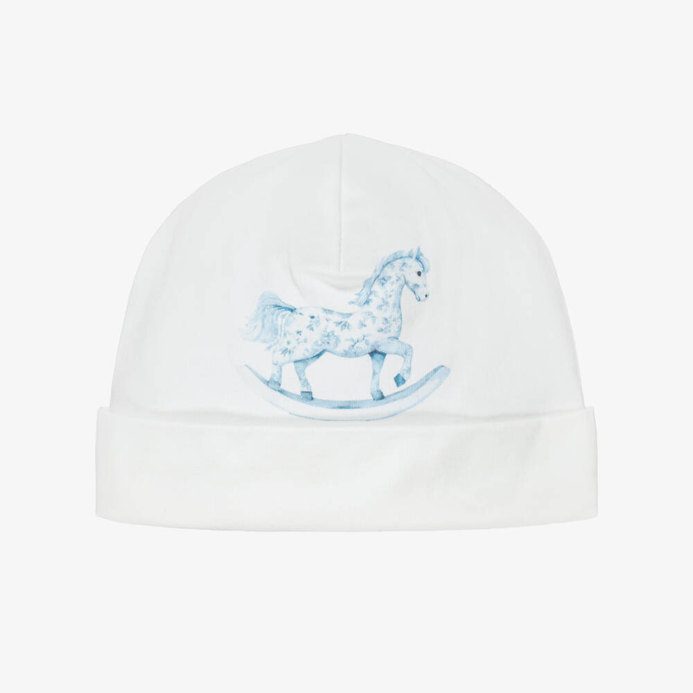 Jamiks-Baby Boys Ivory & Blue Rocking Horse Cotton Layette Hat | Childrensalon
