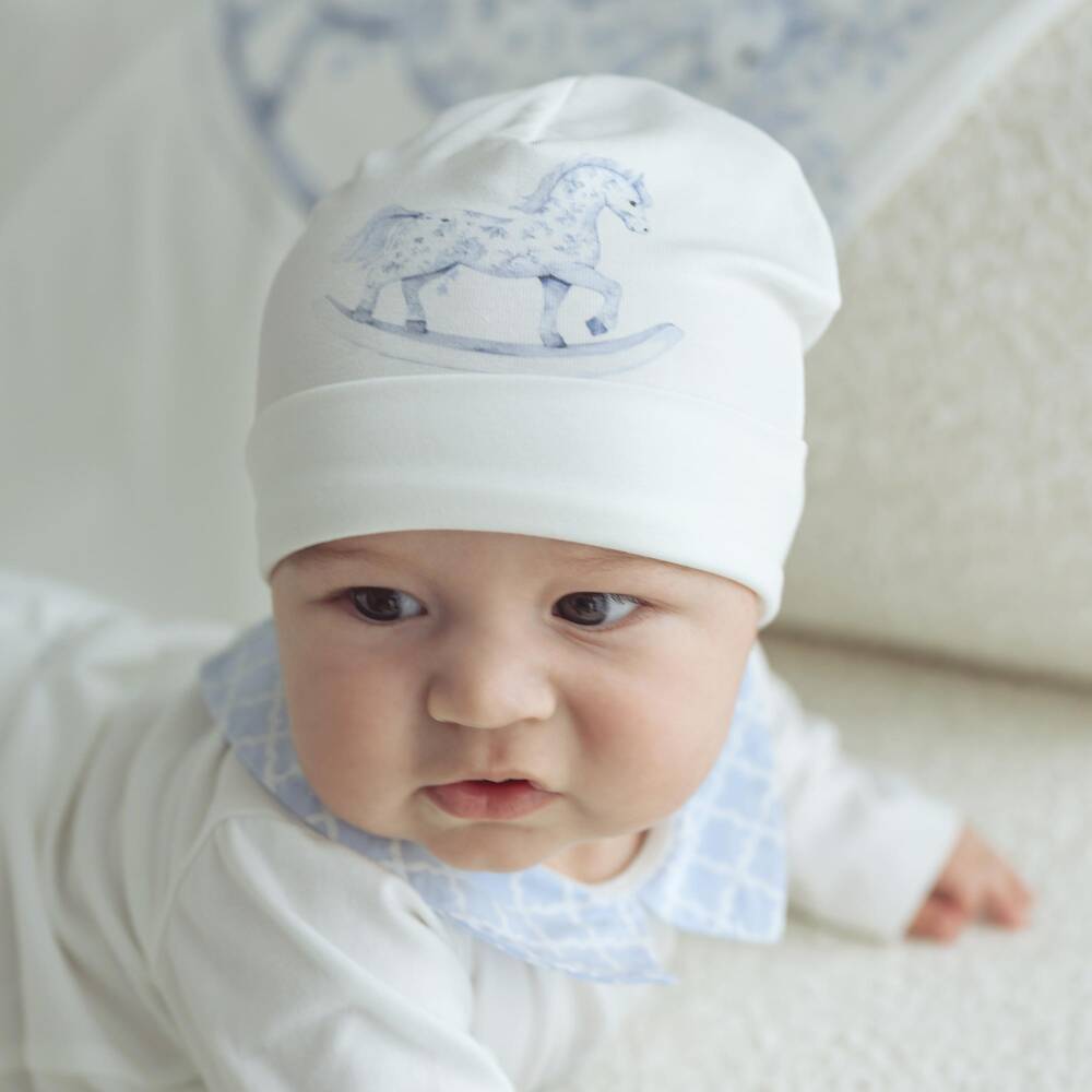 Jamiks-Baby Boys Ivory & Blue Rocking Horse Cotton Layette Hat | Childrensalon