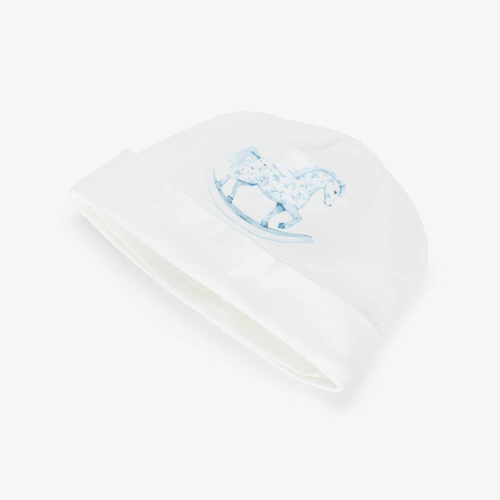 Jamiks-Baby Boys Ivory & Blue Rocking Horse Cotton Layette Hat | Childrensalon