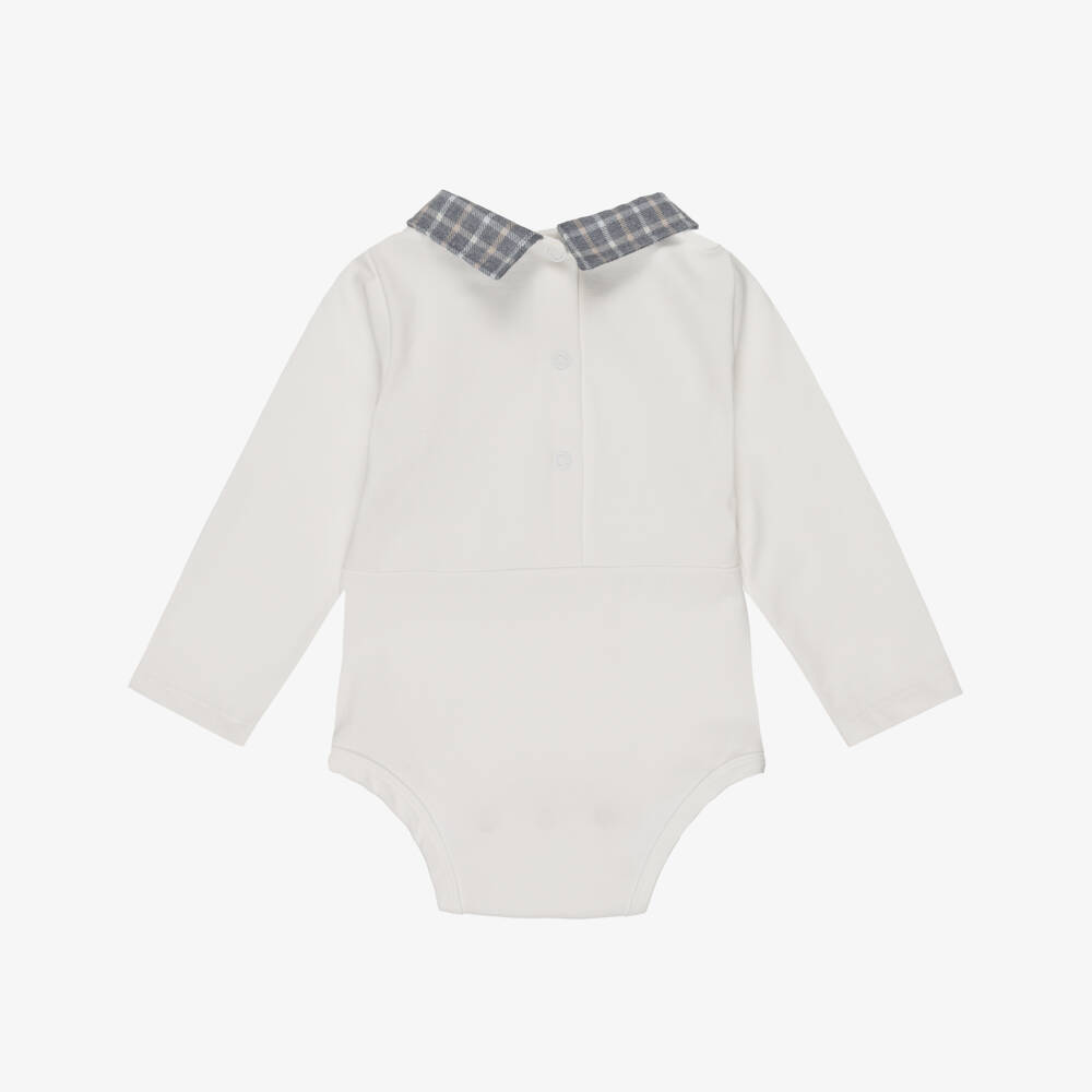 Jamiks-Baby Boys Ivory Cotton Bodysuit with Grey Check Collar | Childrensalon