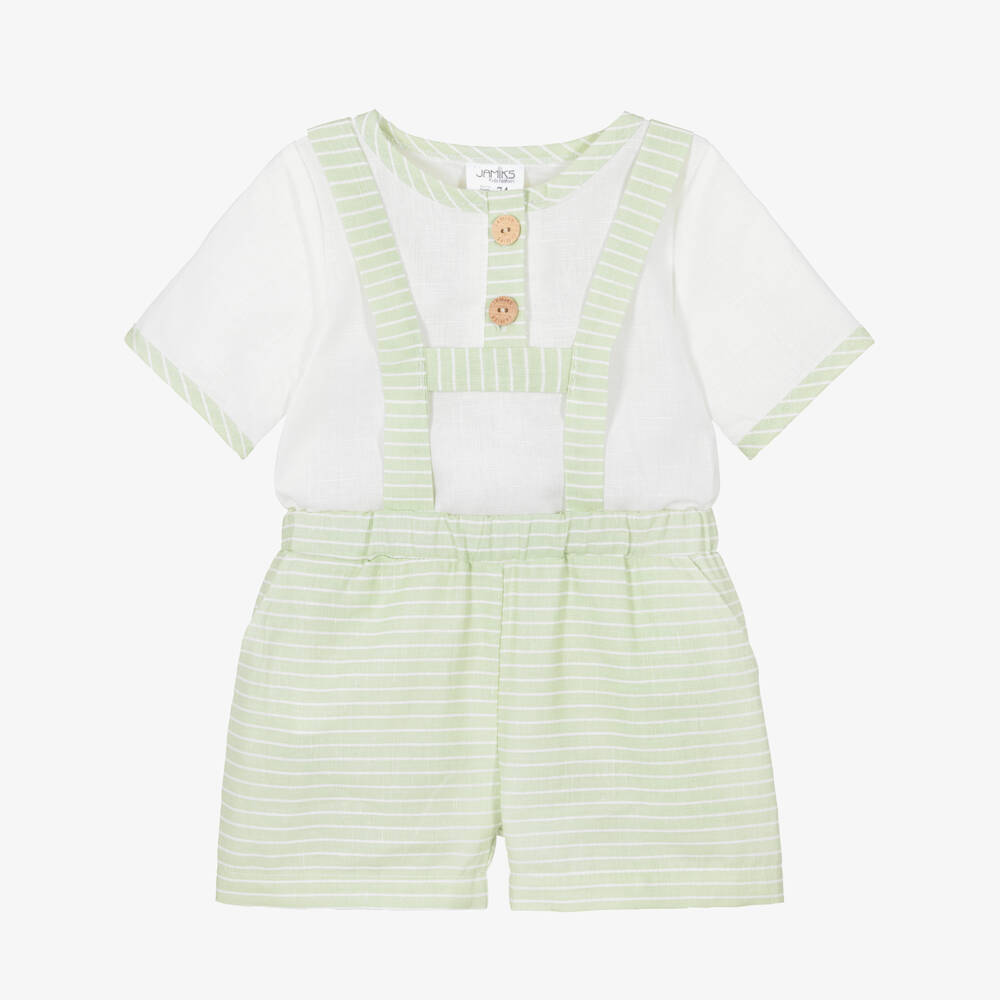 Jamiks-Baby Boys White & Green Striped Shorts Set | Childrensalon