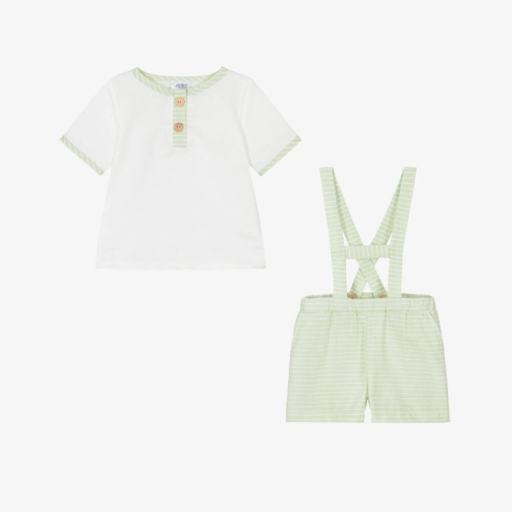 Jamiks-Baby Boys White & Green Striped Shorts Set | Childrensalon