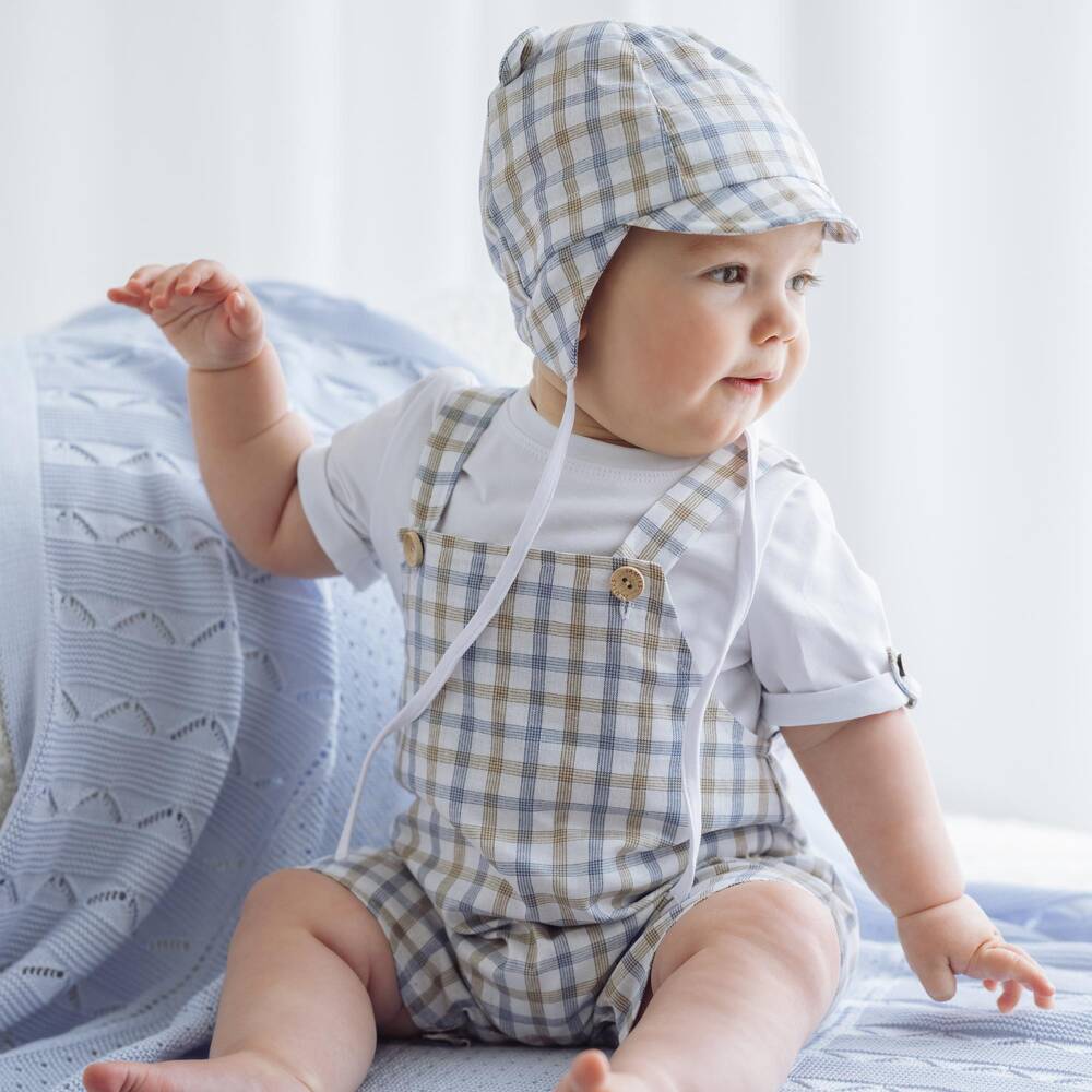 Jamiks-Baby Boys White Top & Checked Dungaree Set | Childrensalon