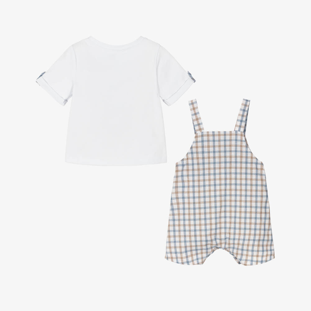Jamiks-Baby Boys White Top & Checked Dungaree Set | Childrensalon