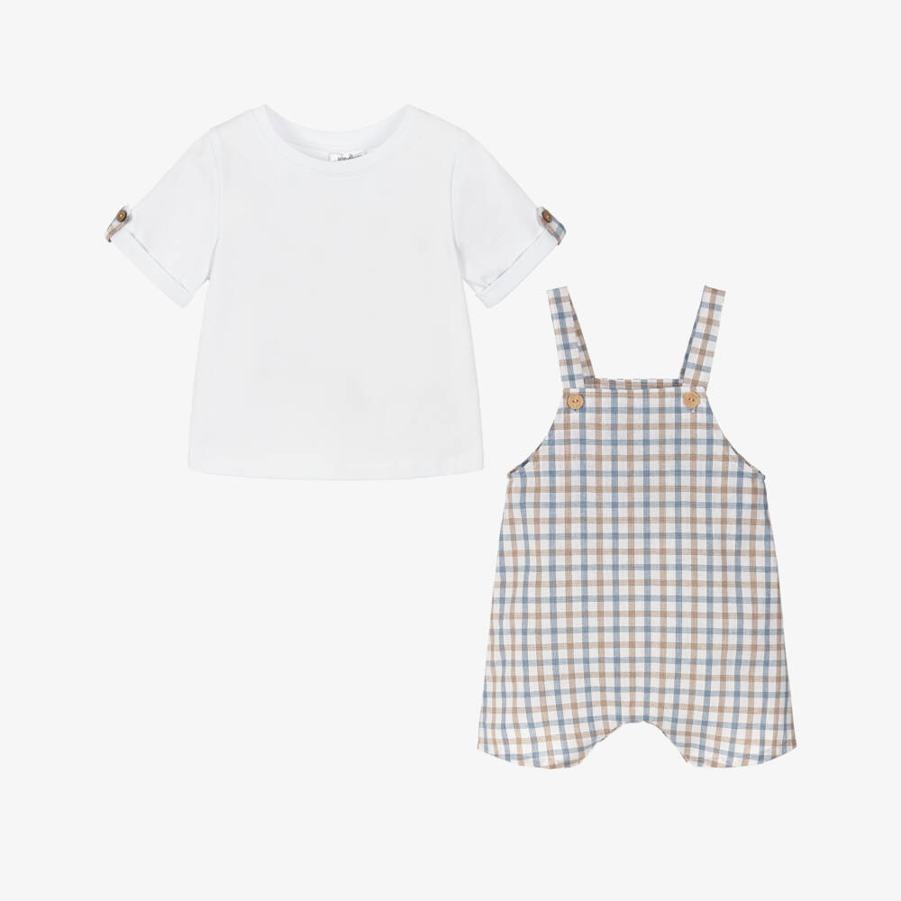 Jamiks-Baby Boys White Top & Checked Dungaree Set | Childrensalon