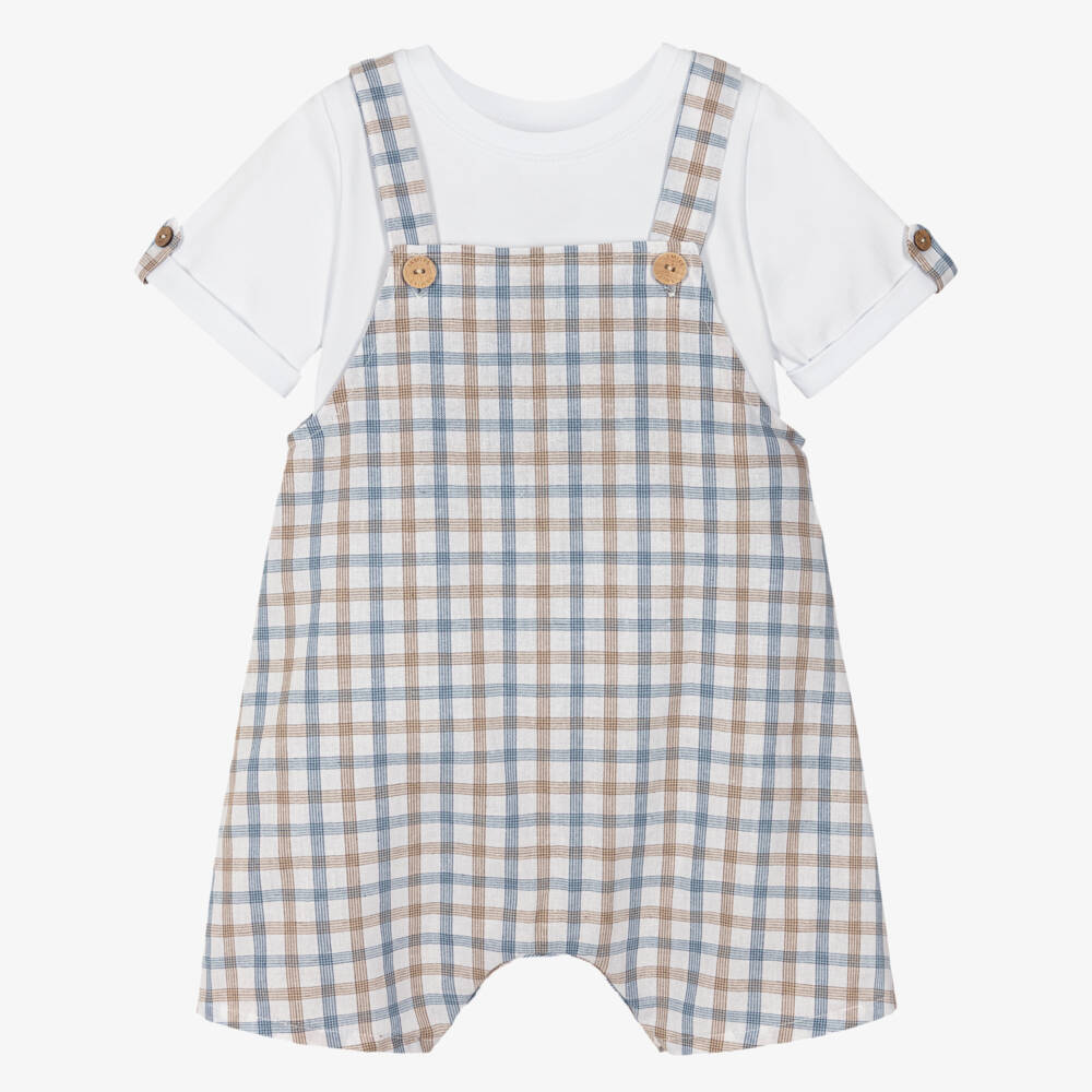 Jamiks-Baby Boys White Top & Checked Dungaree Set | Childrensalon