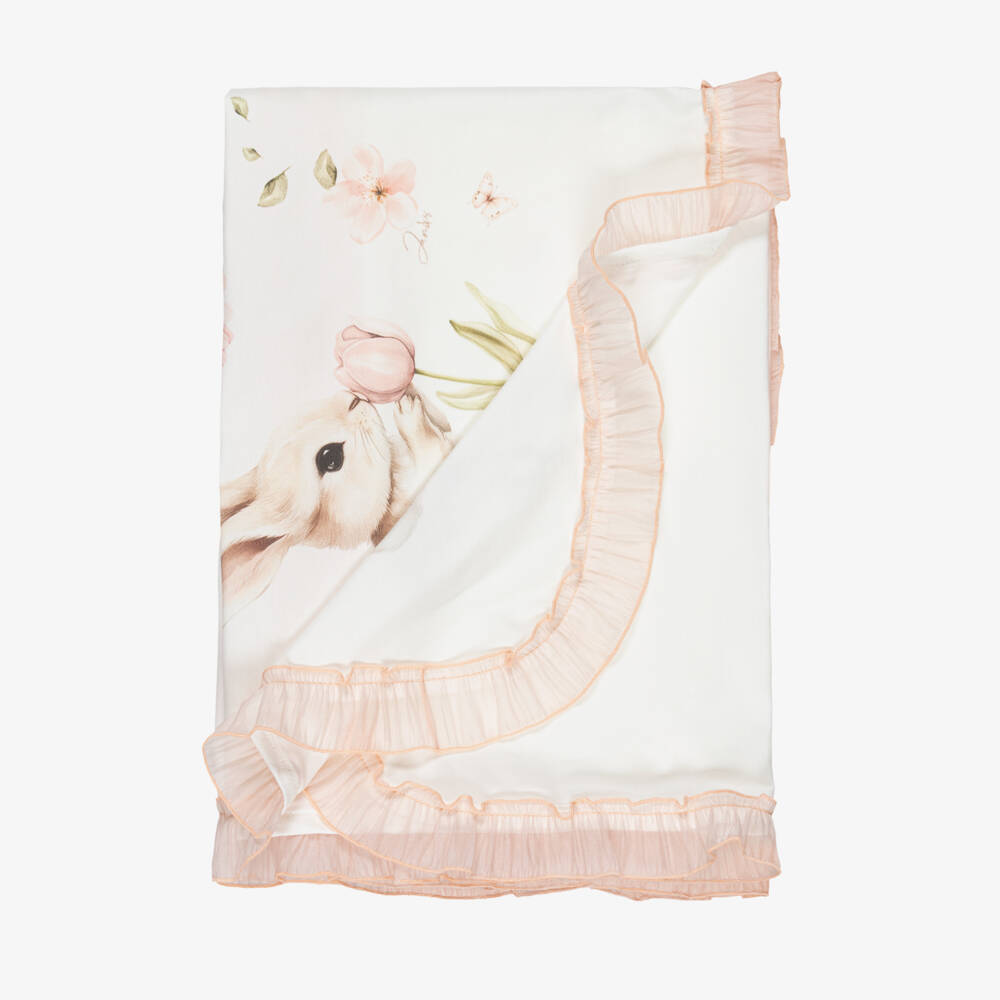 Jamiks-Baby Girls Ivory Bunny Rabbit & Ruffle Blanket (85cm) | Childrensalon