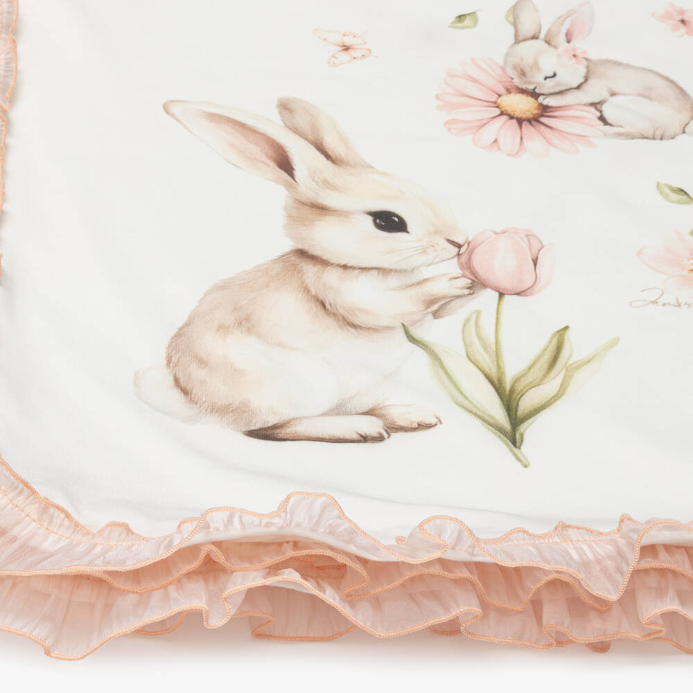 Jamiks-Baby Girls Ivory Bunny Rabbit & Ruffle Blanket (85cm) | Childrensalon