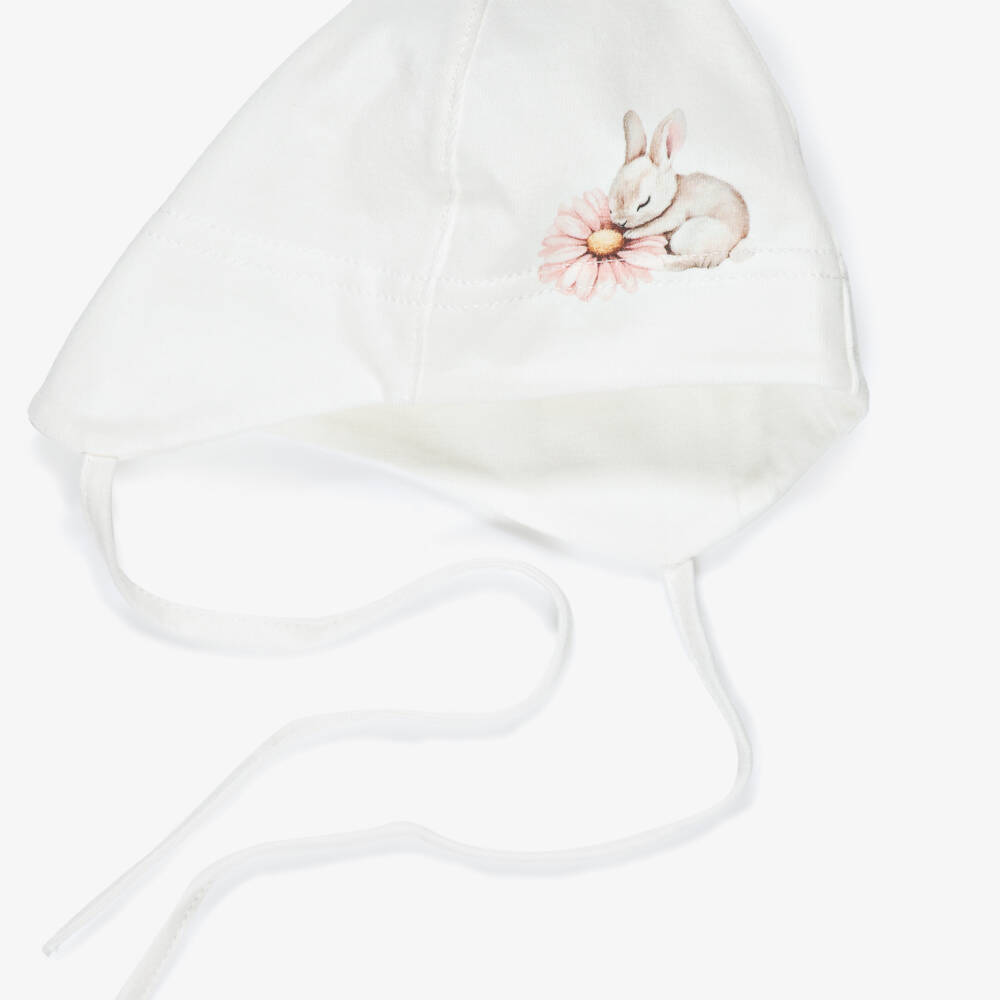 Jamiks-Baby Girls Ivory Cotton Jersey Hat with Floral Bunny Print | Childrensalon