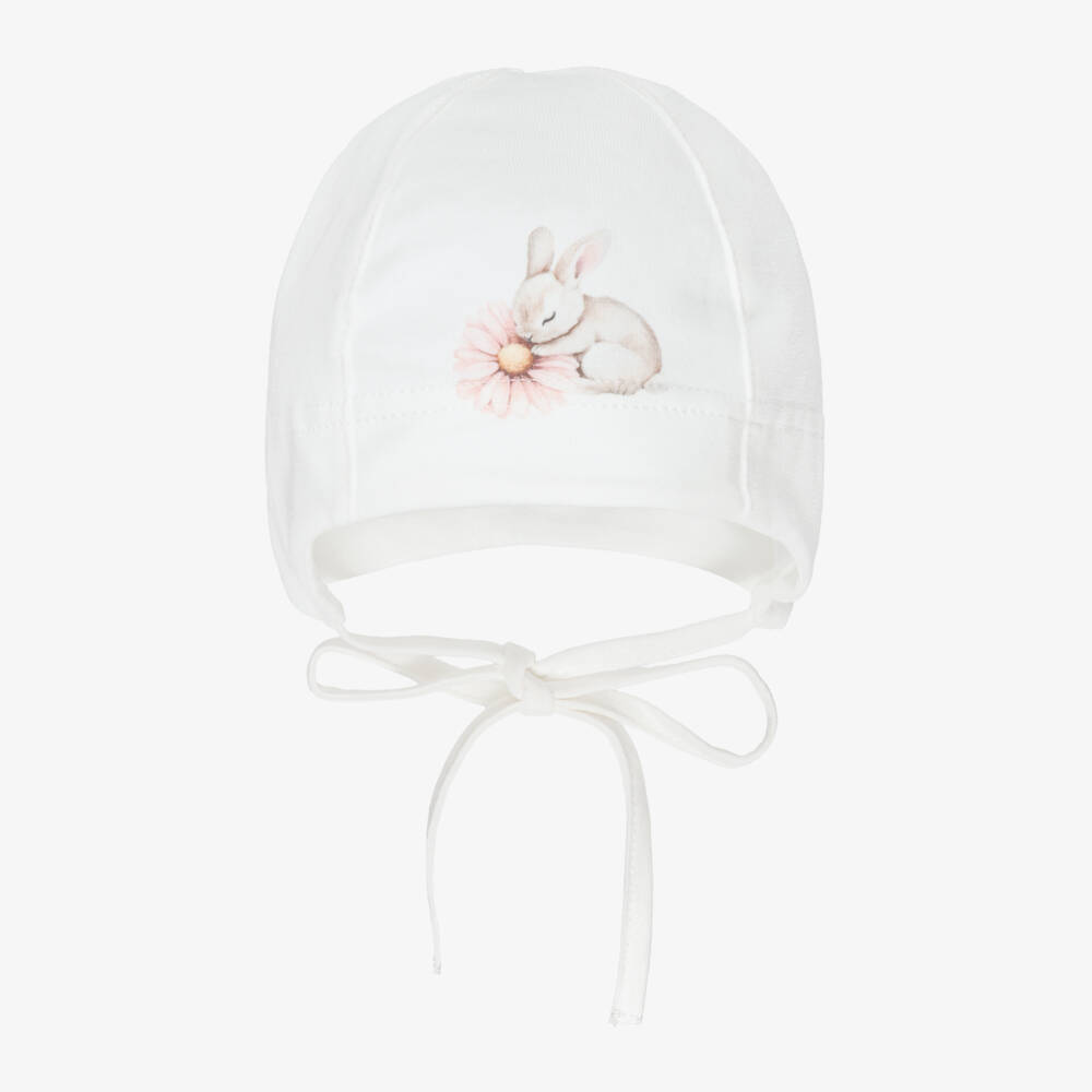 Jamiks-Baby Girls Ivory Cotton Jersey Hat with Floral Bunny Print | Childrensalon