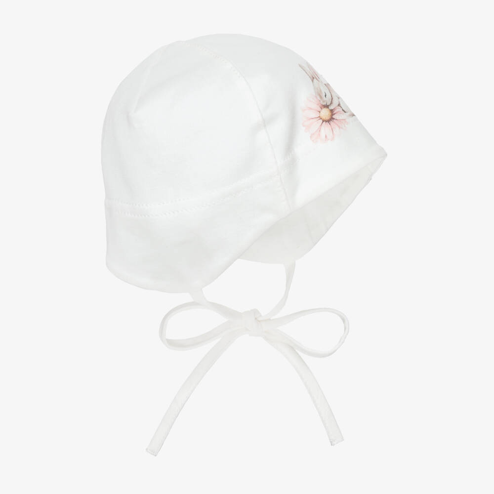 Jamiks-Baby Girls Ivory Cotton Jersey Hat with Floral Bunny Print | Childrensalon