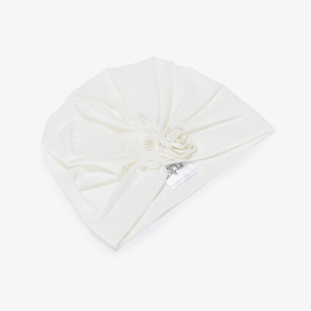Jamiks-Baby Girls Ivory Cotton Jersey Hat with Floral Detail | Childrensalon
