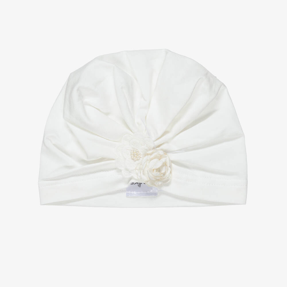 Jamiks-Baby Girls Ivory Cotton Jersey Hat with Floral Detail | Childrensalon