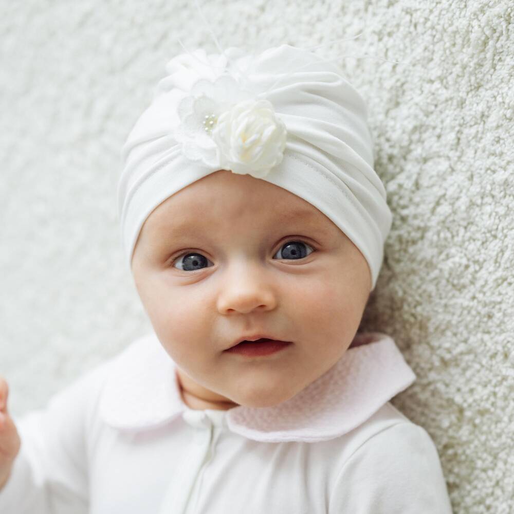 Jamiks-Baby Girls Ivory Cotton Jersey Hat with Floral Detail | Childrensalon