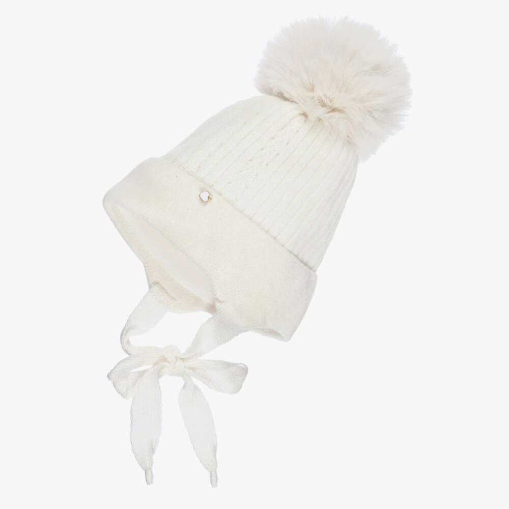 Jamiks-Baby Girls Ivory Wool & Cashmere Faux Fur Bobble Hat | Childrensalon
