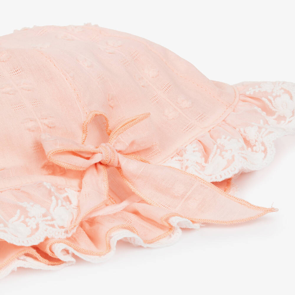 Jamiks-Baby Girls Peach Pink Embroidered Cotton Hat | Childrensalon