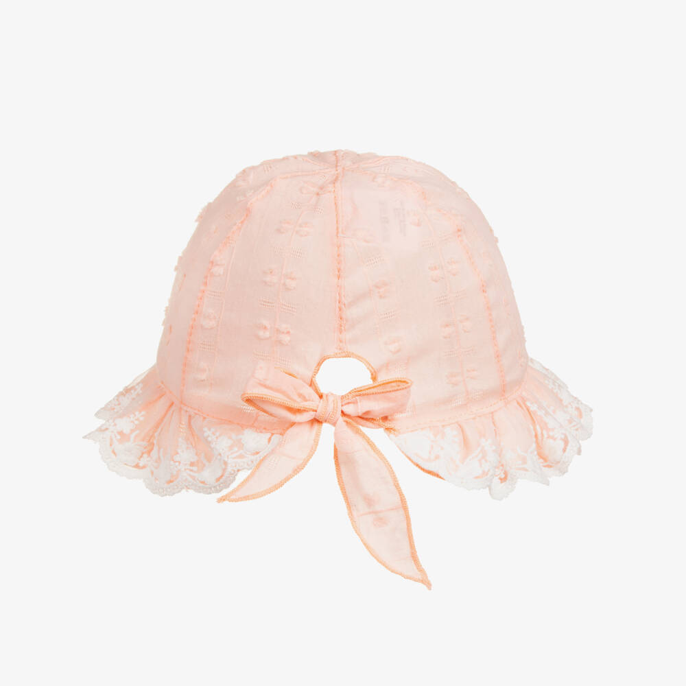 Jamiks-Baby Girls Peach Pink Embroidered Cotton Hat | Childrensalon