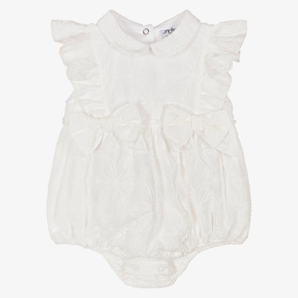 Jamiks-Baby Girls White Cotton Floral Pattern Shortie with Bows | Childrensalon