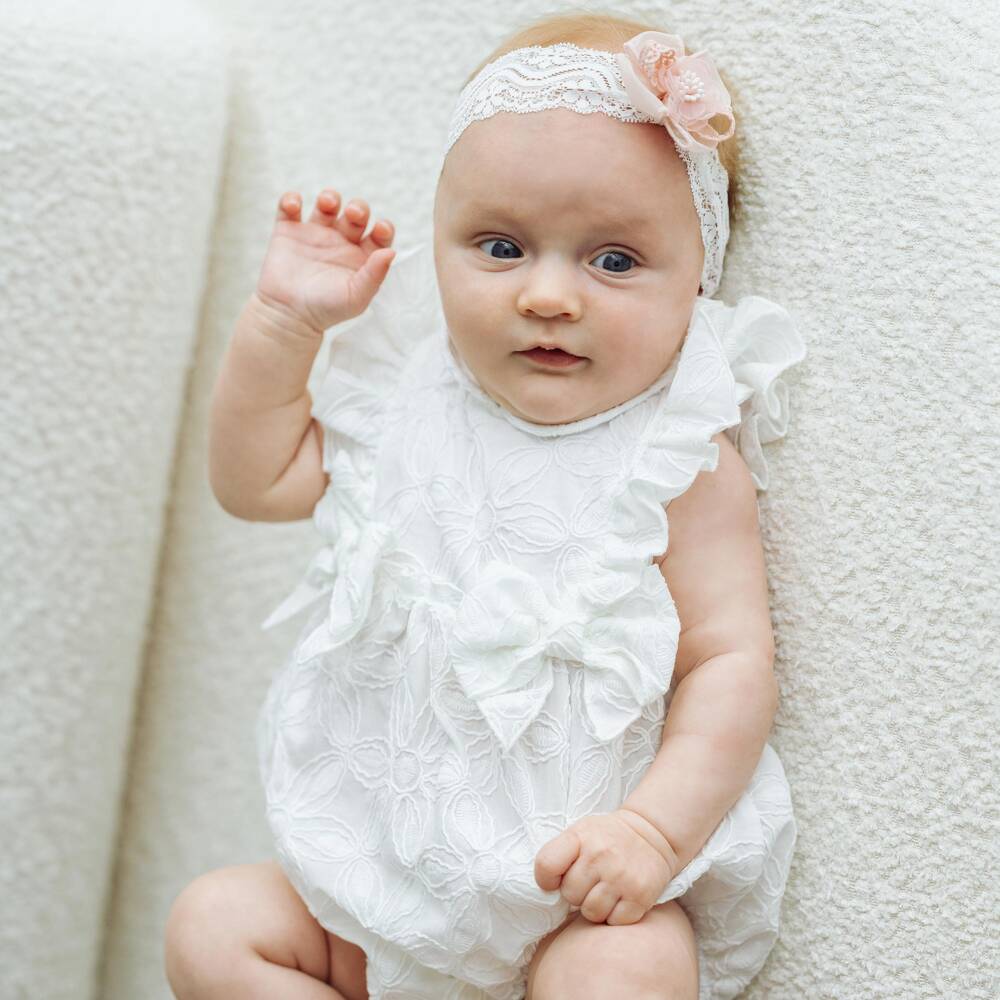 Jamiks-بودي سوت قطن بنقشة ورود لون أبيض للبنات الرضع | Childrensalon