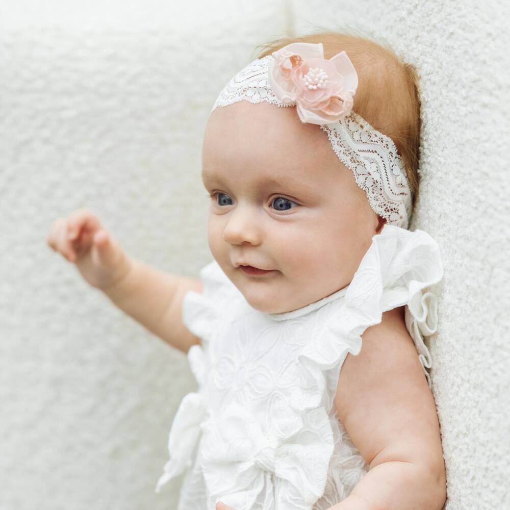 Jamiks-طوق رأس دانتيل لون أبيض وزهري للبنات الرضع | Childrensalon