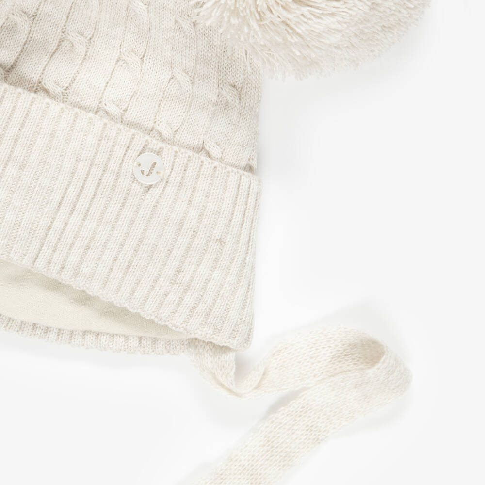 Jamiks-Beige Cable Knit Baby Hat with Yarn Pom-Poms | Childrensalon