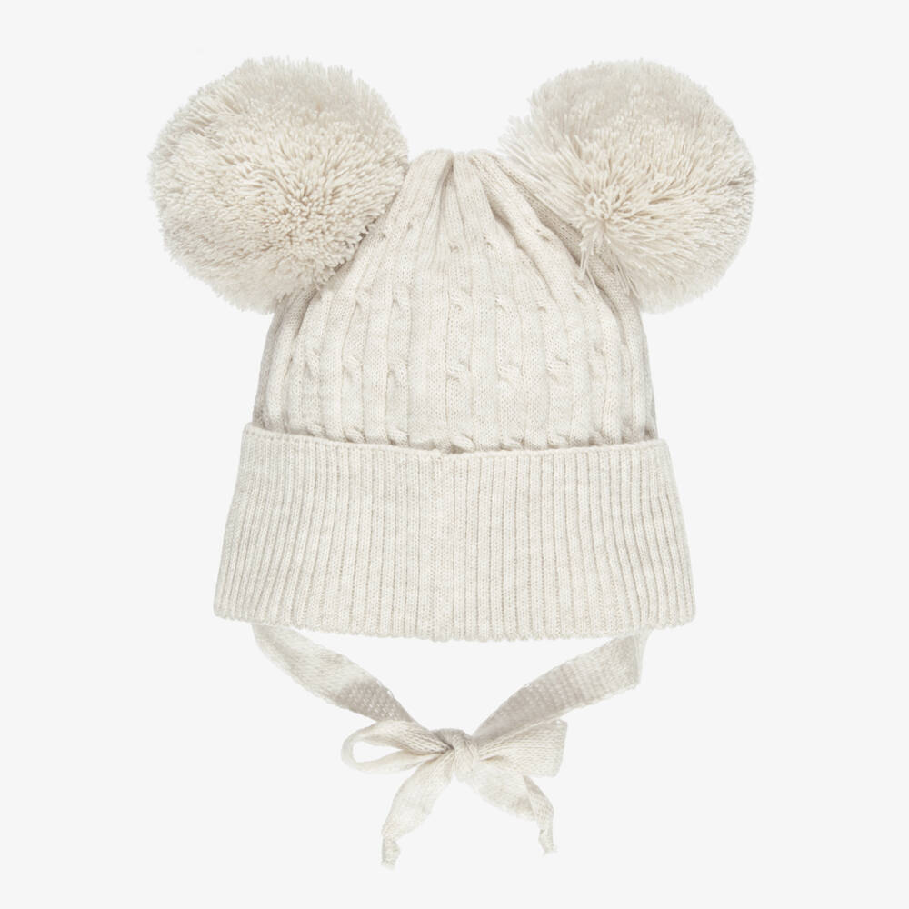 Jamiks-Beige Cable Knit Baby Hat with Yarn Pom-Poms | Childrensalon