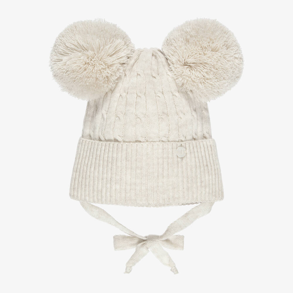 Jamiks-Beige Cable Knit Baby Hat with Yarn Pom-Poms | Childrensalon