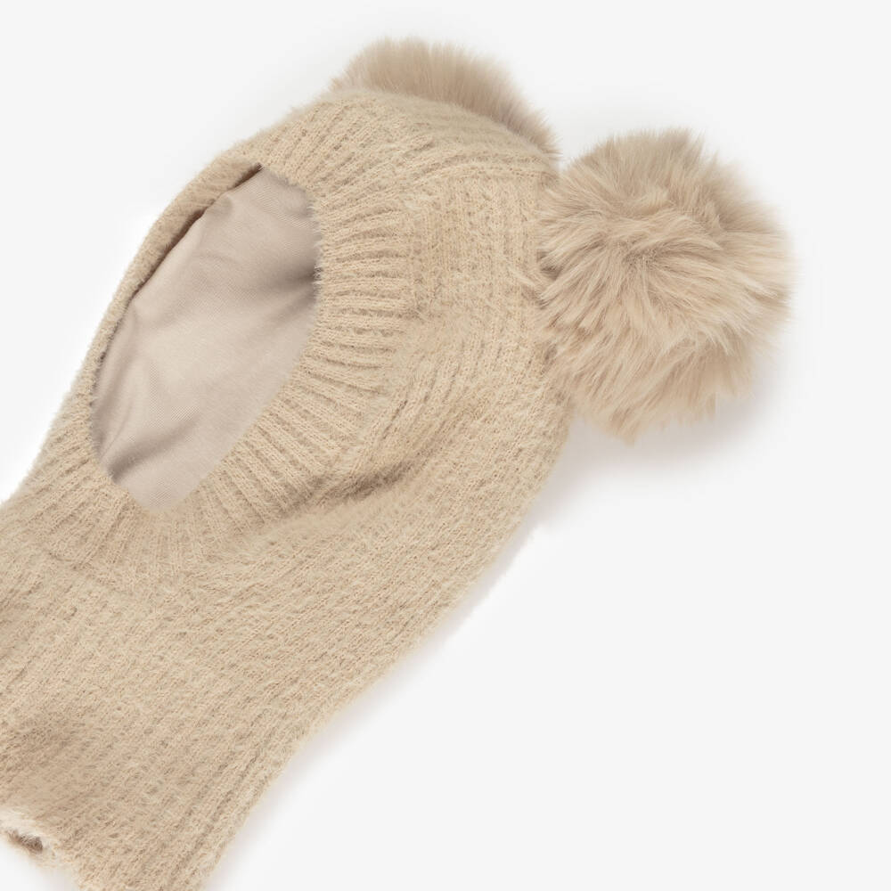 Jamiks-Beige Fluffy Knit Balaclava with Faux Fur Pom-Poms | Childrensalon
