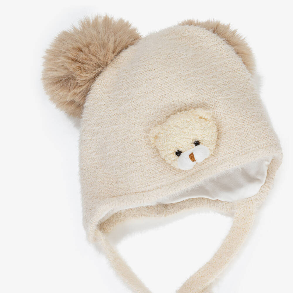 Jamiks-Beige Knitted Bear Pom-Pom Hat | Childrensalon