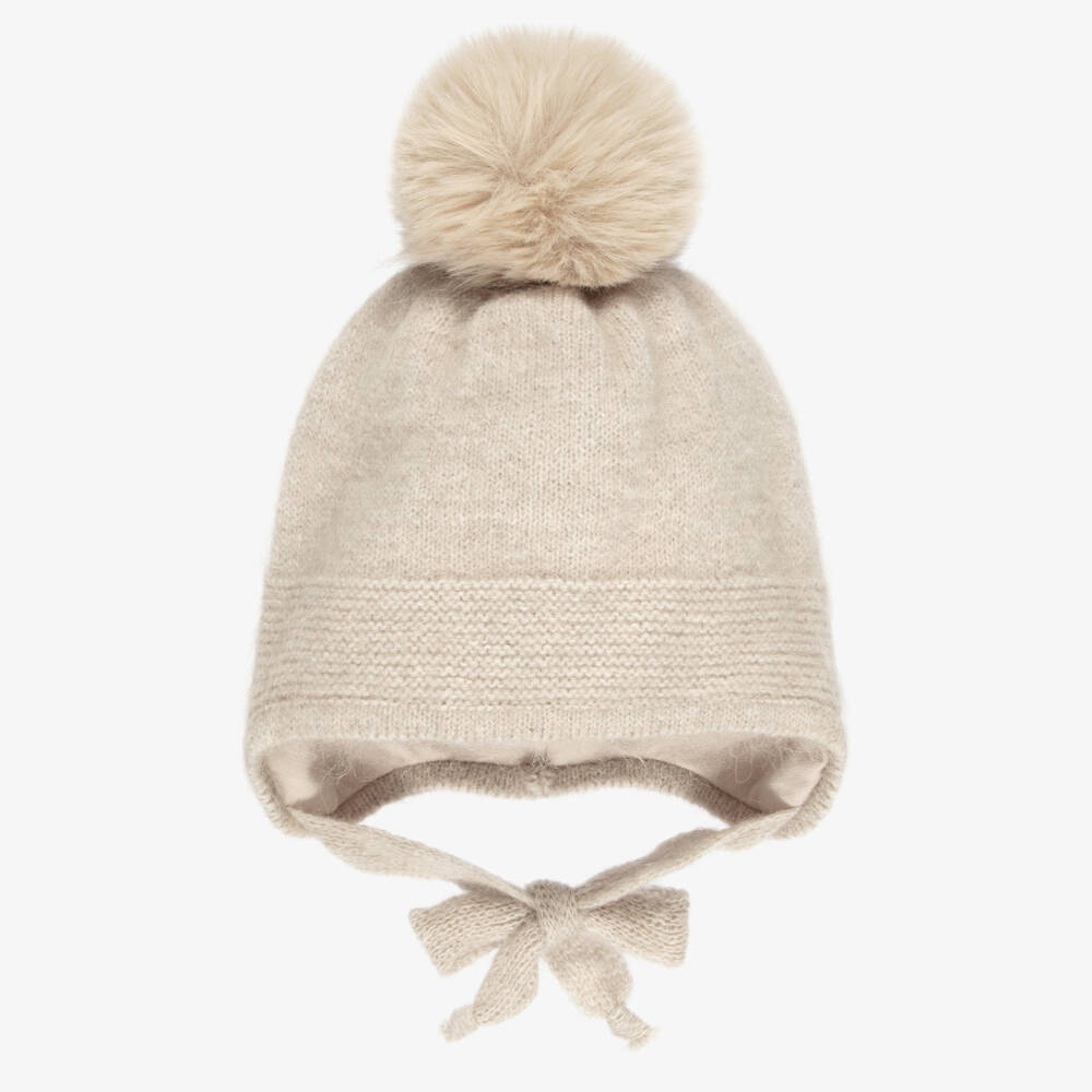Jamiks-Beige Knitted Hat with Faux Fur Pom-Pom | Childrensalon