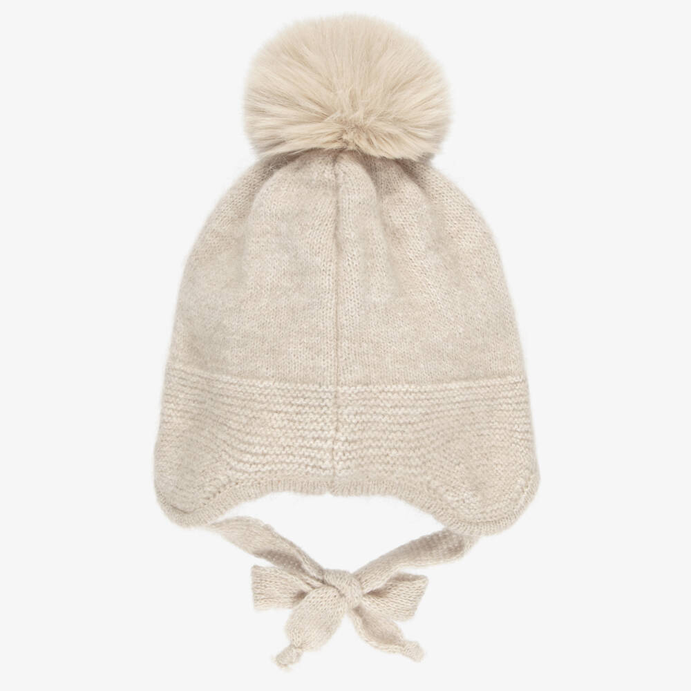 Jamiks-Beige Knitted Hat with Faux Fur Pom-Pom | Childrensalon