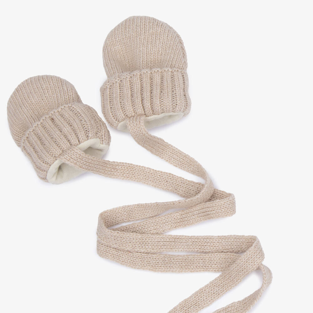 Jamiks-Beige Knitted Mittens with Strings | Childrensalon