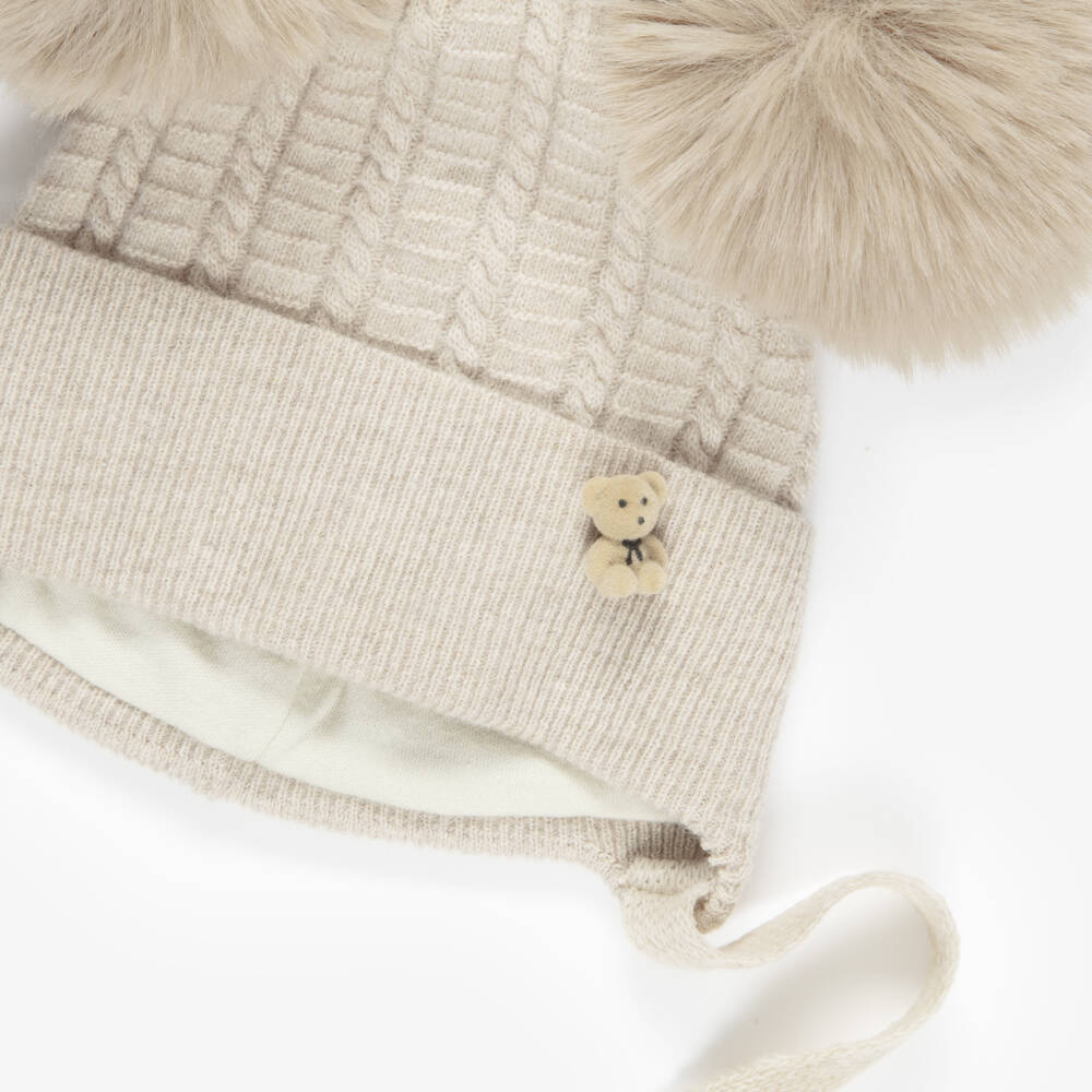 Jamiks-Beige Merino Wool Baby Hat with Teddy & Pom-Poms | Childrensalon