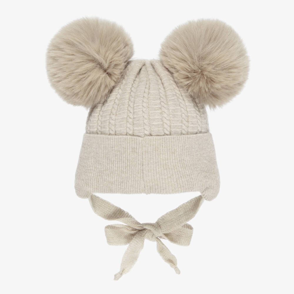 Jamiks-Beige Merino Wool Baby Hat with Teddy & Pom-Poms | Childrensalon