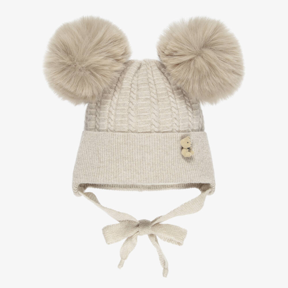 Jamiks-Beige Merino Wool Baby Hat with Teddy & Pom-Poms | Childrensalon