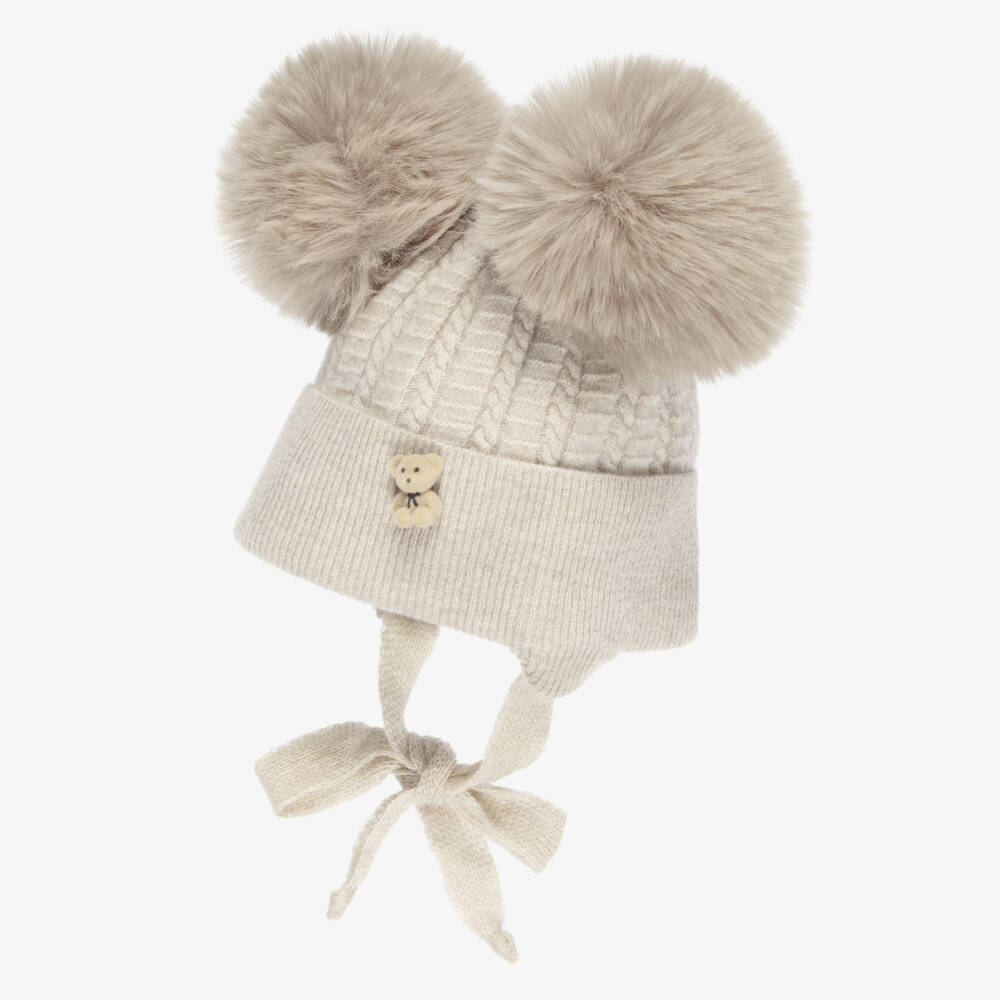 Jamiks-Beige Merino Wool Baby Hat with Teddy & Pom-Poms | Childrensalon
