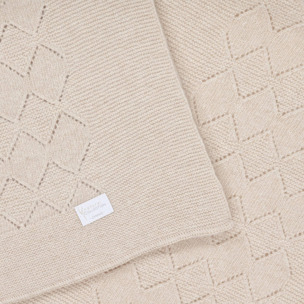 Jamiks-Beige Merino Wool Knitted Baby Blanket (100cm) | Childrensalon