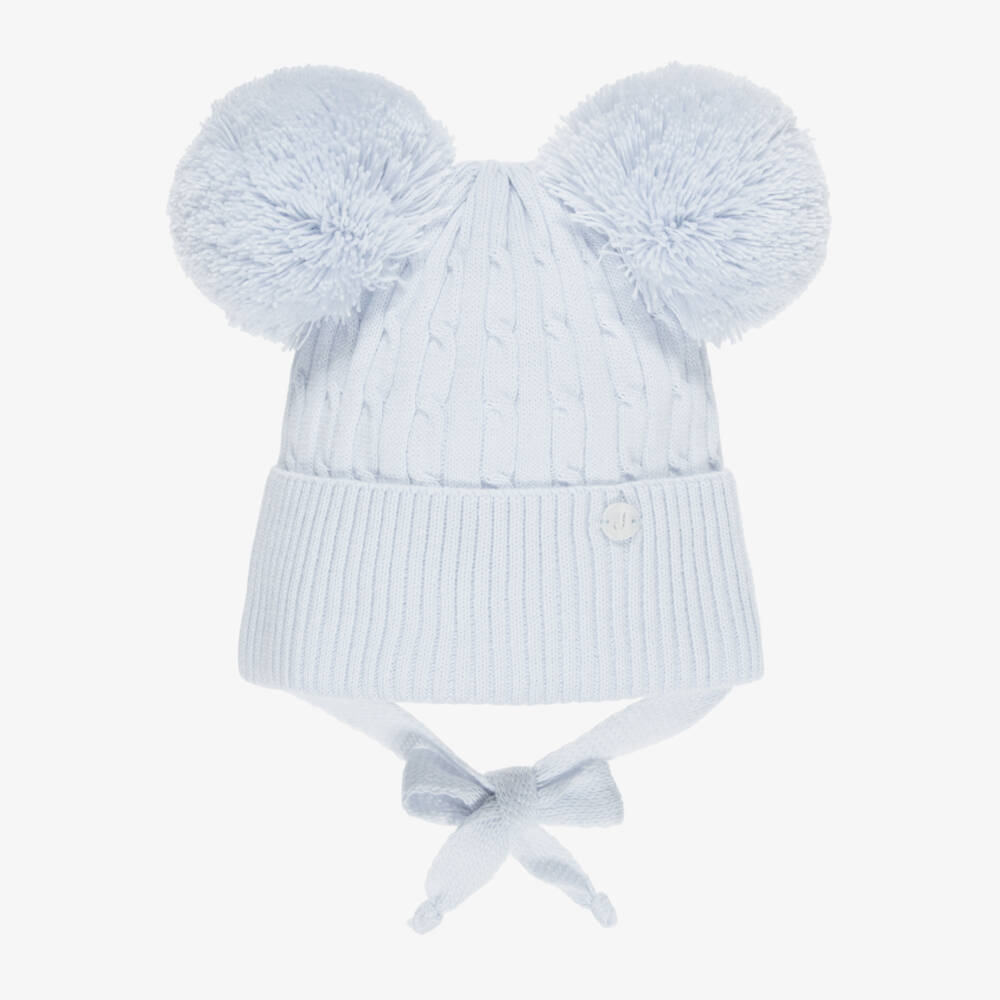 Jamiks-Blue Cable Knit Baby Hat with Yarn Pom-Poms | Childrensalon