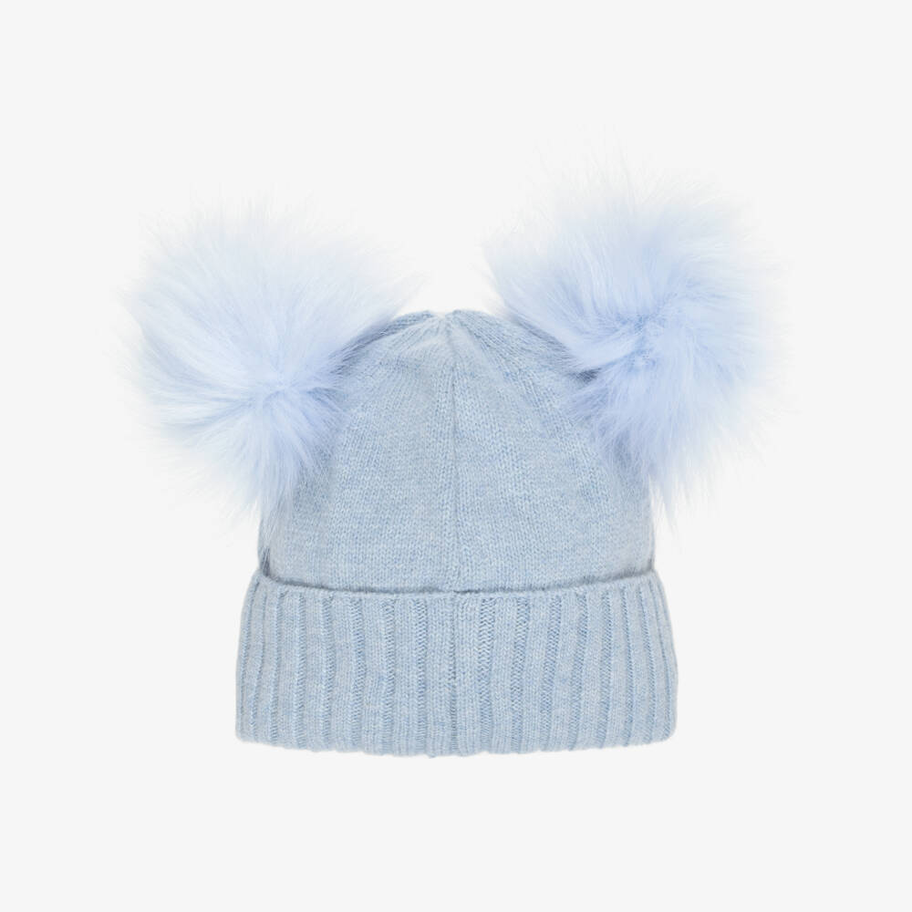 Jamiks-Blue Merino Wool Hat with Faux Fur Pom-Poms | Childrensalon