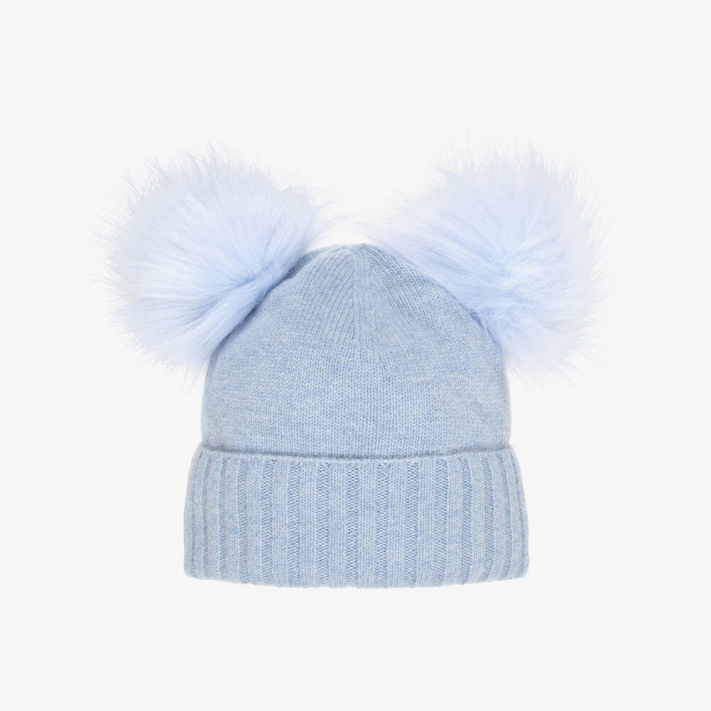 Jamiks-Blue Merino Wool Hat with Faux Fur Pom-Poms | Childrensalon
