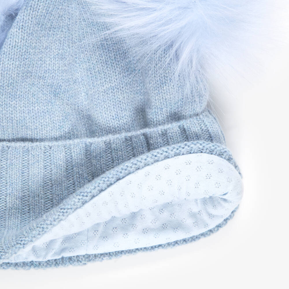 Jamiks-Blue Merino Wool Hat with Faux Fur Pom-Poms | Childrensalon