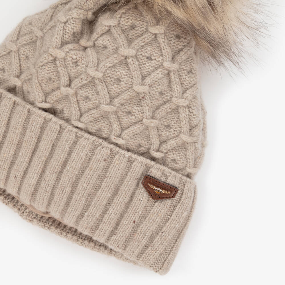 Jamiks-Boys Beige Chunky Wool Knit Pom-Pom Hat | Childrensalon